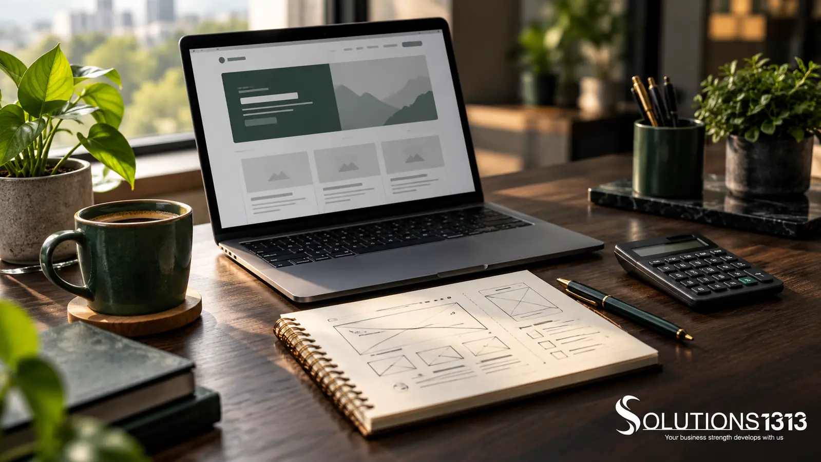 Business website cost planning illustration with a laptop, notebook and calculator