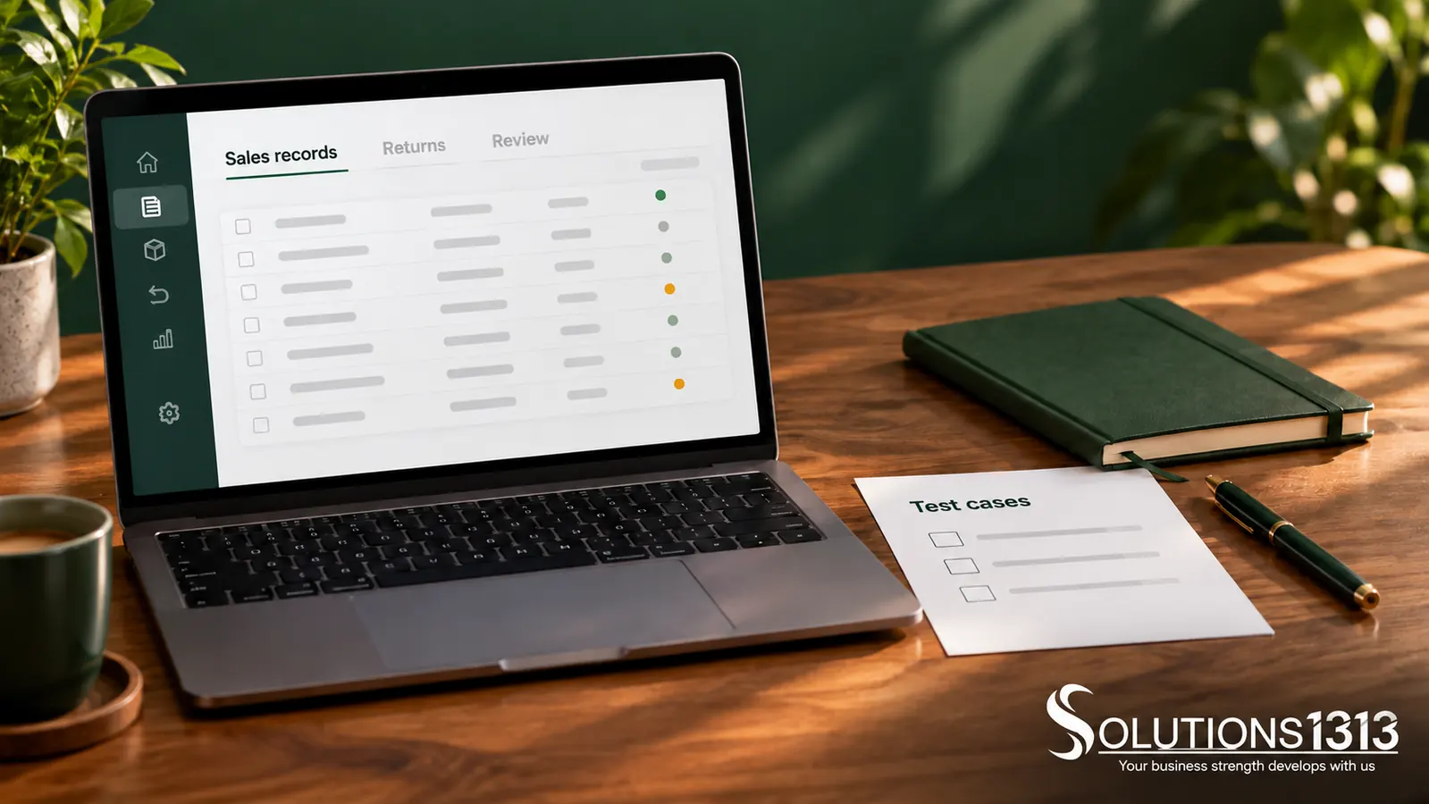 Illustrative sales-record review desk with a laptop ledger and a test-case checklist
