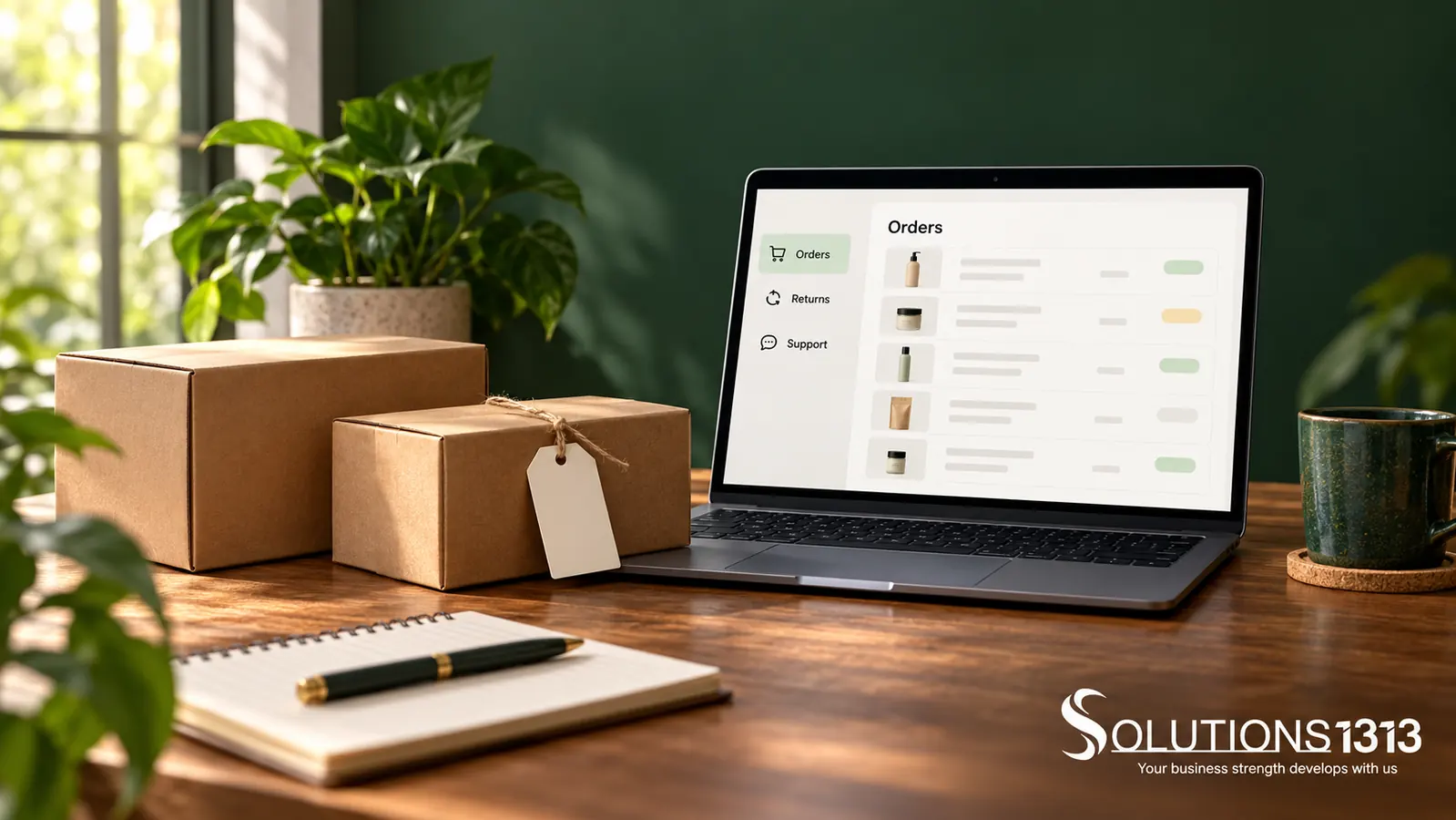 Illustrative product-order management desk with packages and an orders, returns and support interface