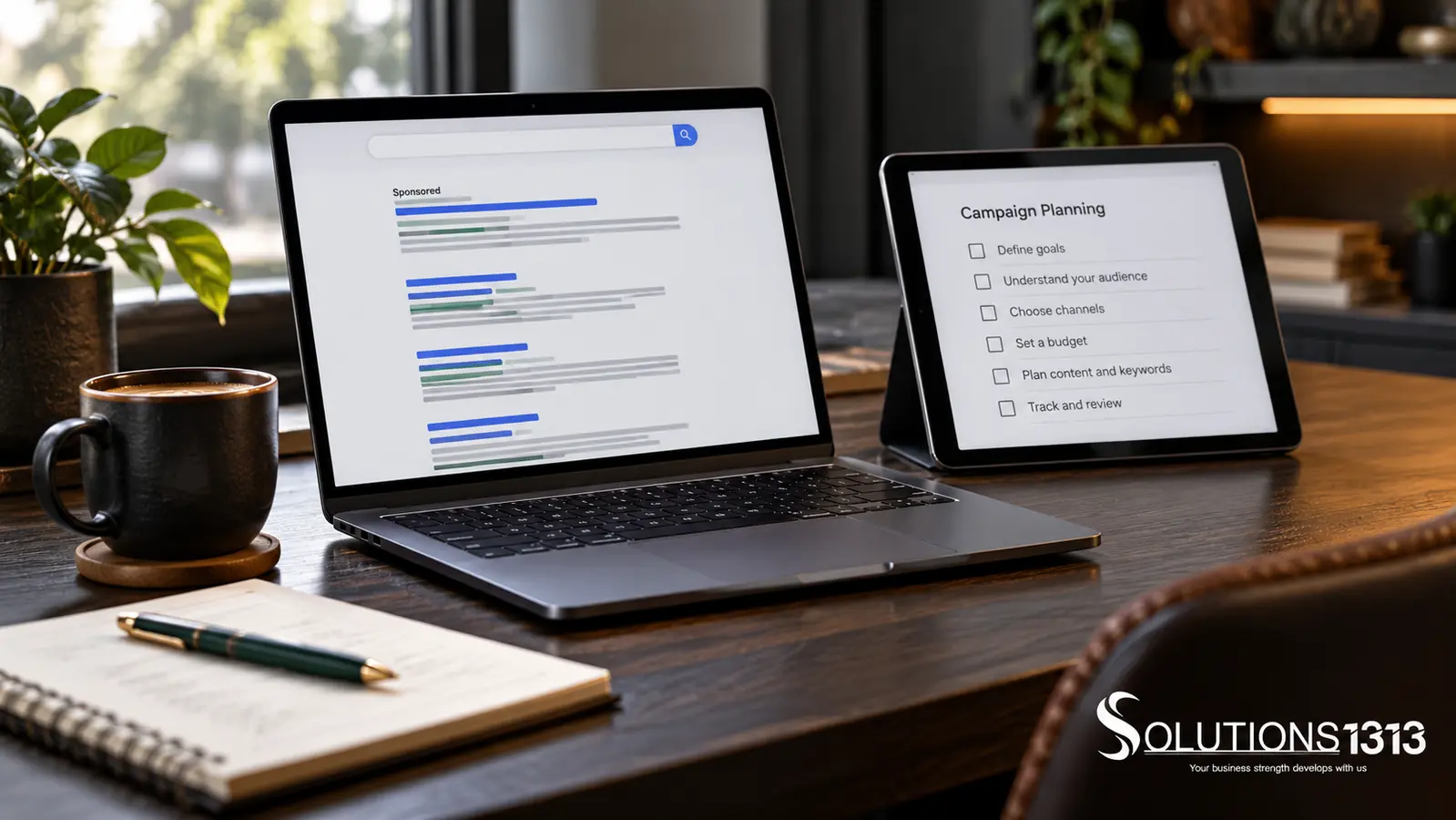 Marketing planning illustration with a search results screen and campaign checklist