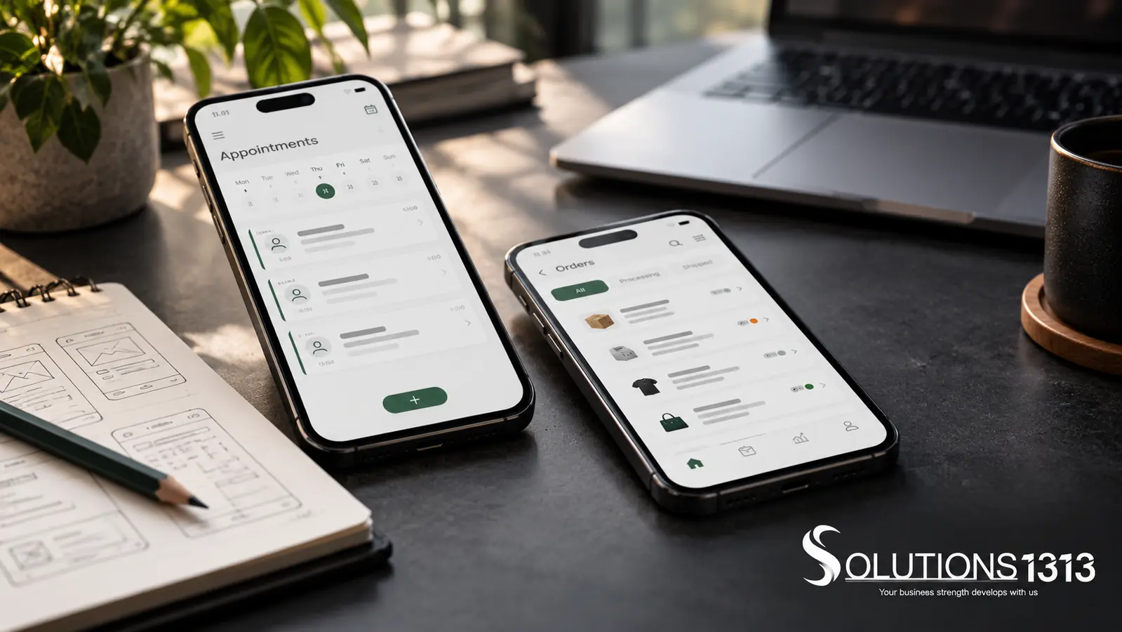 Mobile app planning illustration with a phone interface, laptop and project notes