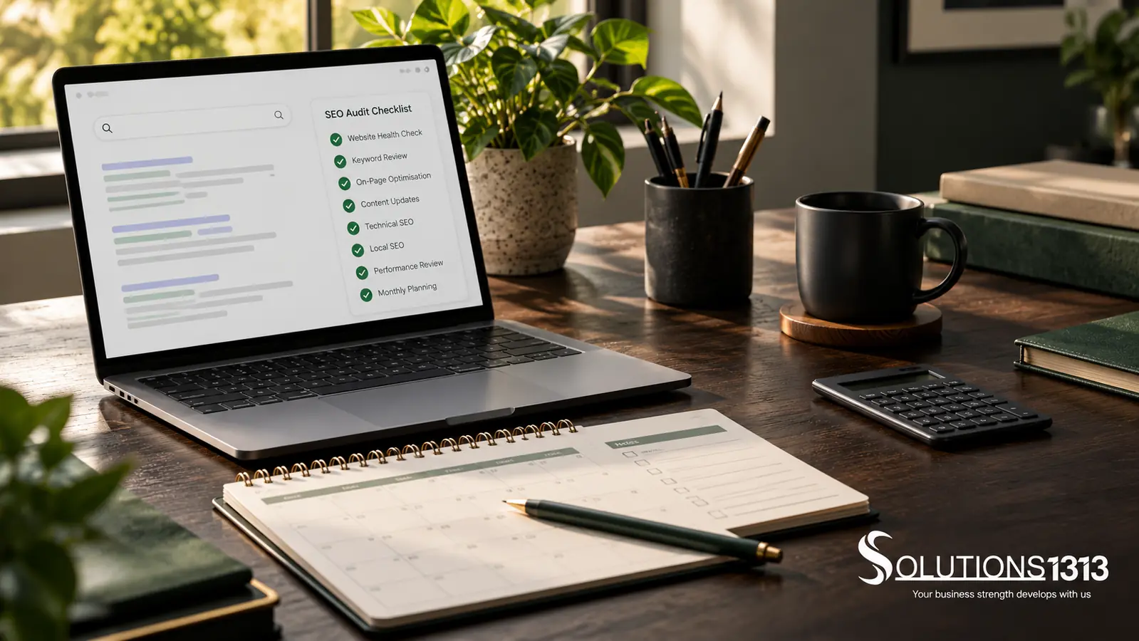 Small business SEO budget planning illustration with an audit checklist and calculator