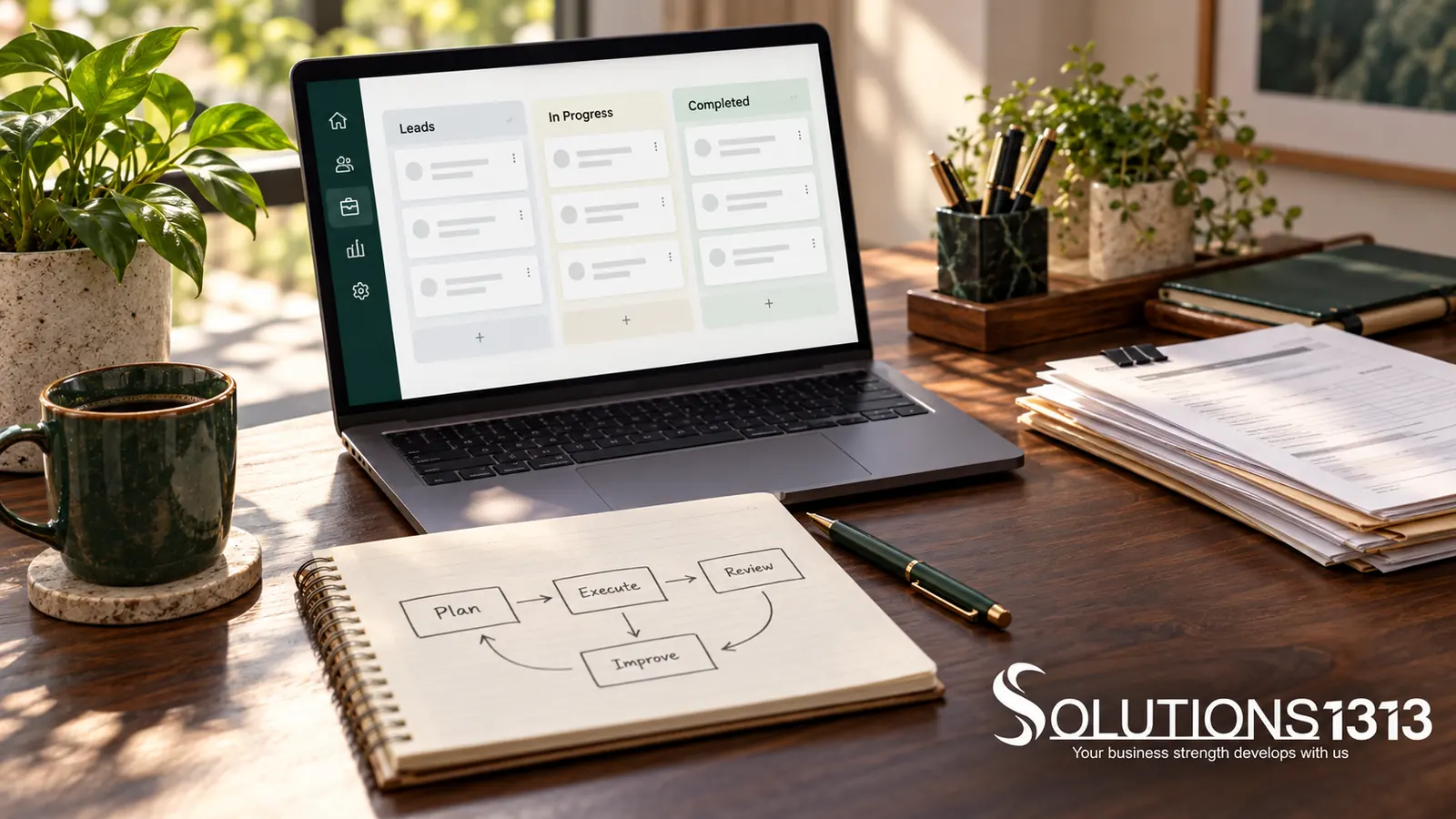 Illustrative CRM planning desk with a workflow board, paper forms and process notebook