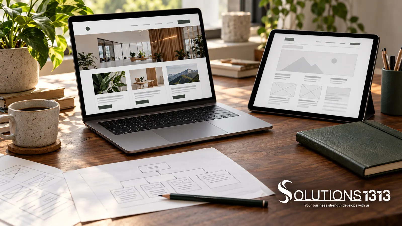 Illustrative website planning desk with a website layout, wireframe and paper sitemap